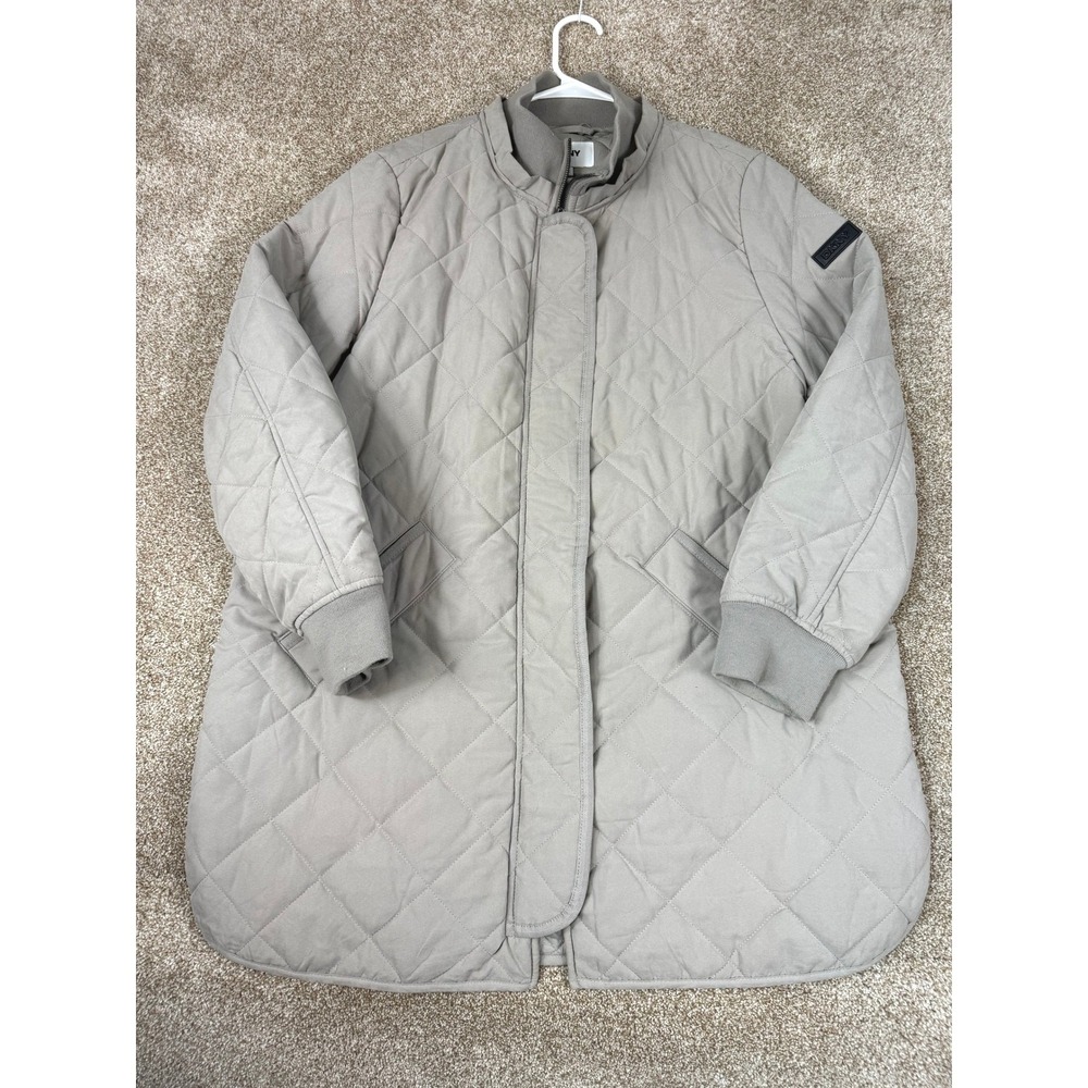 DKNY Womens Quilted Jacket Longline Bomber tan Gray XL Zip Snap Coat Streetwear